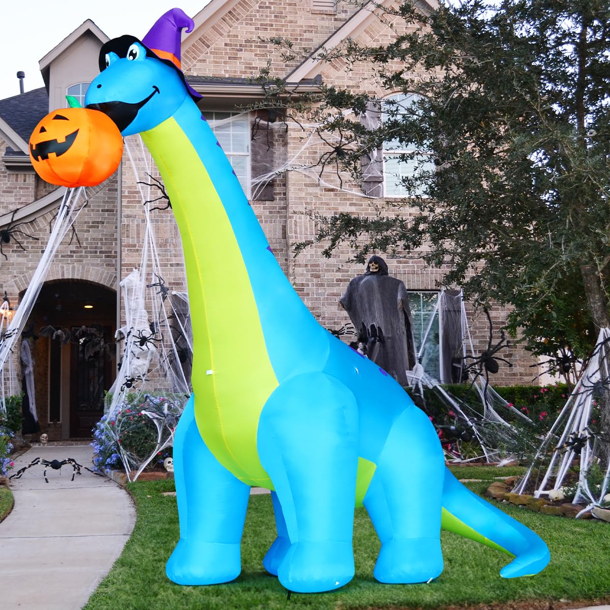 COMIN Halloween Inflatables Outdoor Decorations 10 FT Tall Dinosaurs Eating Pumpkin Blow Up Yard Decoration with Built-in LED for Yard Garden Party Lawn