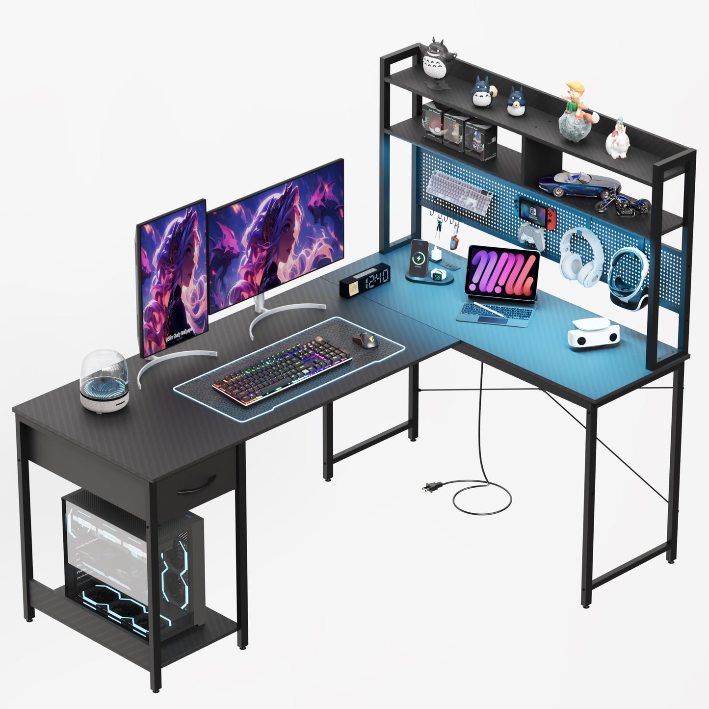 Apicizon L Shaped Gaming Desk 53", Reversible Corner Computer Desk with LED Lights, Carbon Fiber Surface, Pegboard with Hooks, Drawer & PC Tower Stand, USB Charging Port