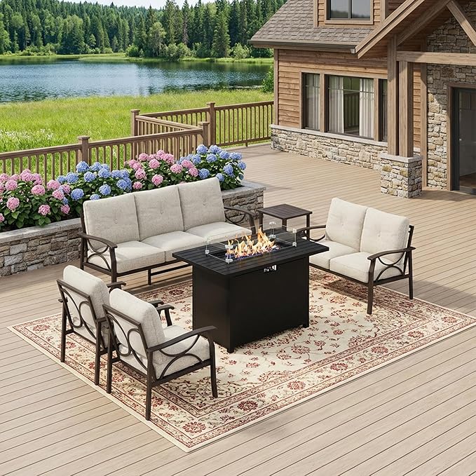FansaFurn 6-Pieces Outdoor Patio Furniture Set with 43" Fire Pit Table, Outdoor Metal Sectional Sofa with Cushions, Outdoor Conversation Set for Garden, Balcony, Deck, Backyard, Khaki