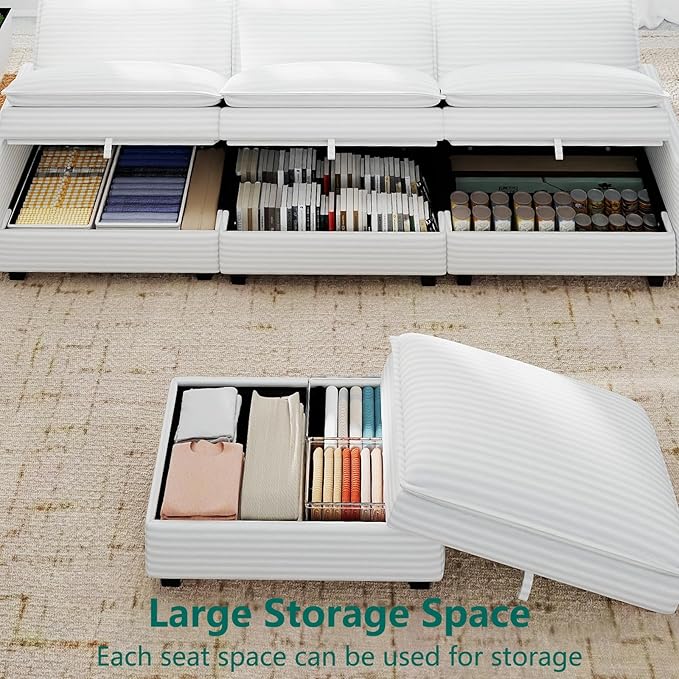 OhaiAura Modular Sectional L Shaped Sofa Couches with Storage Ottoman, Cloud Couch for Living Room, Comfy Sofa with Pillow, White