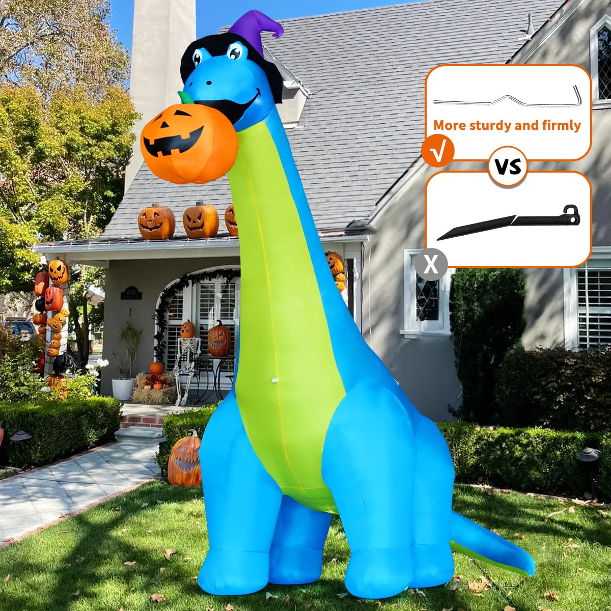 COMIN Halloween Inflatables Outdoor Decorations 10 FT Tall Dinosaurs Eating Pumpkin Blow Up Yard Decoration with Built-in LED for Yard Garden Party Lawn
