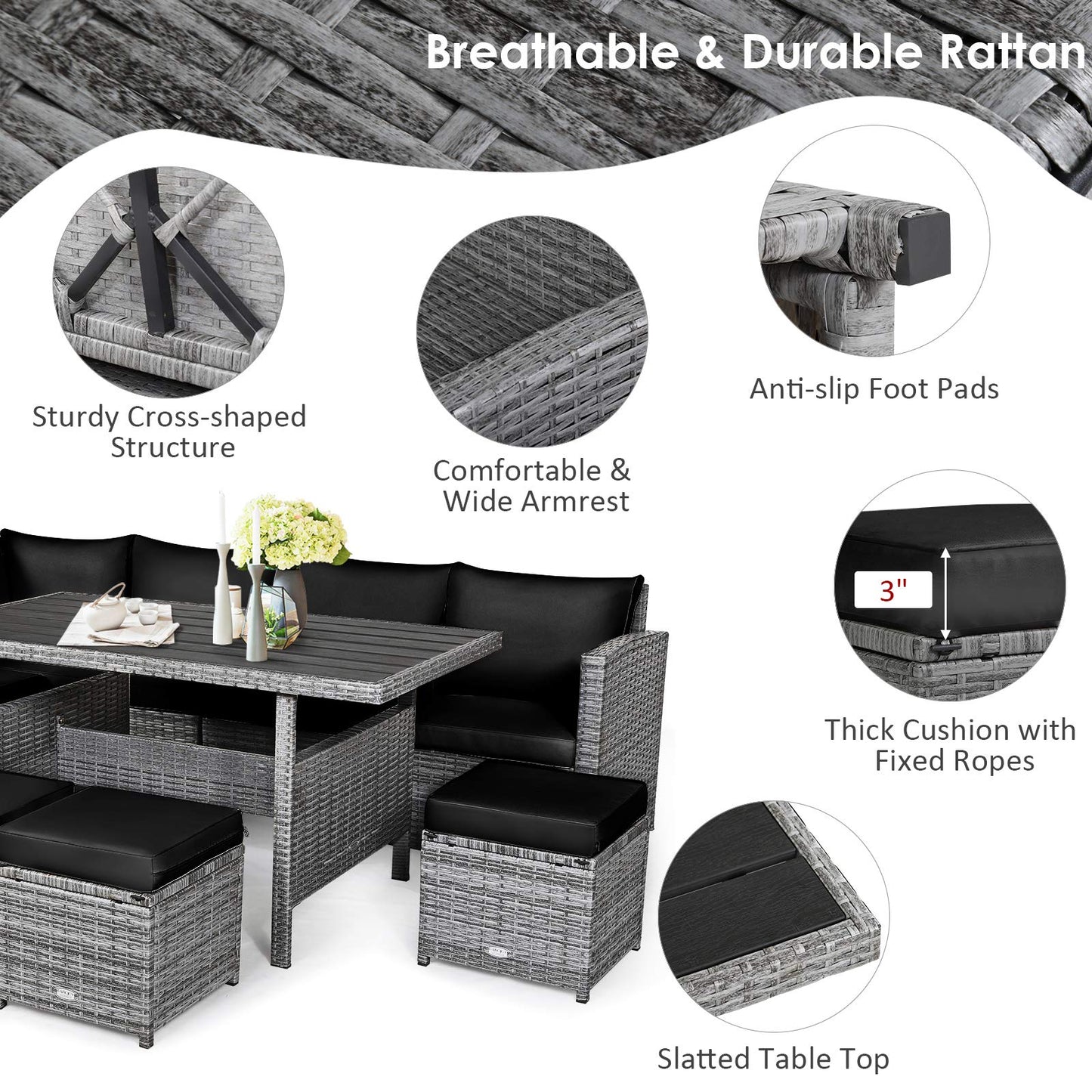 Tangkula 7 Pieces Patio Furniture Set, Outdoor Sectional Rattan Sofa Set with Cushions, All Weather Wicker Conversation Couch Set w/Dining Table & Ottomans for Backyard Garden Poolside (Black)