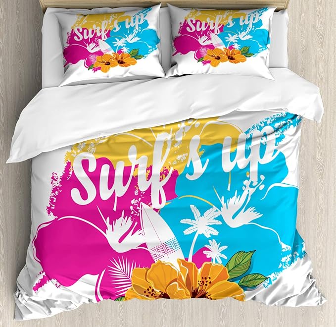 Ambesonne Beach Saying Duvet Cover Set, Tropical Hawaiian Hibiscus Flower Bouquet and Surf up Phrase with Paddle Board, De...