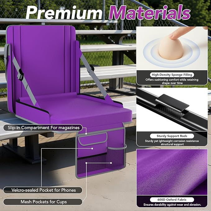 janiry Stadium Seats with Back Support 2PACKS Adjustable Bleacher Chairs with Back and Cushion Bleacher Seat with Cup Holder, Carry Handle & Shoulder Strap for Outdoor Sports Events, Picnics, Beaches