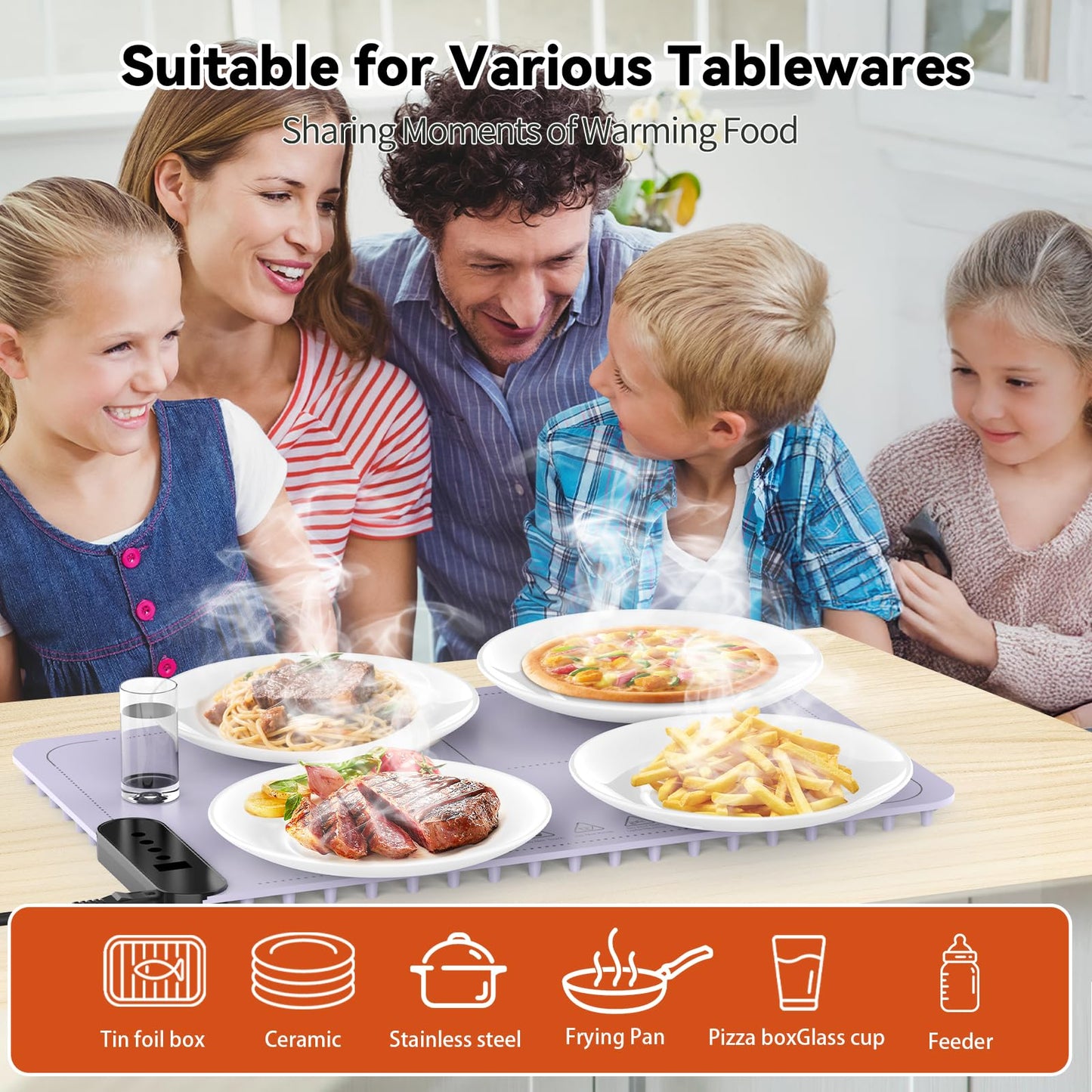 Electric Food Warming Mat with 9 Temperature Settings, Quick Heating Pad, Auto-Off Timer, Portable Silicone Food Warmer for Parties and Home