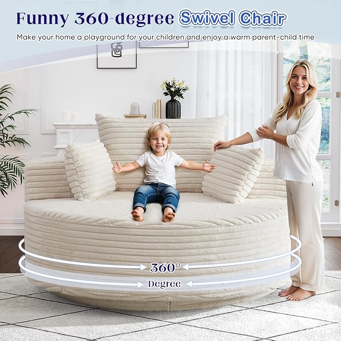 360-Degree Oversized Swivel Chair, Modern Round Circle Corduroy Comfy Deep Seat Swivel Accent Chaise Lounge Sofa Chair with Back Cushion & 2 Throw Pillows for Living Room Bedroom Office, Beige
