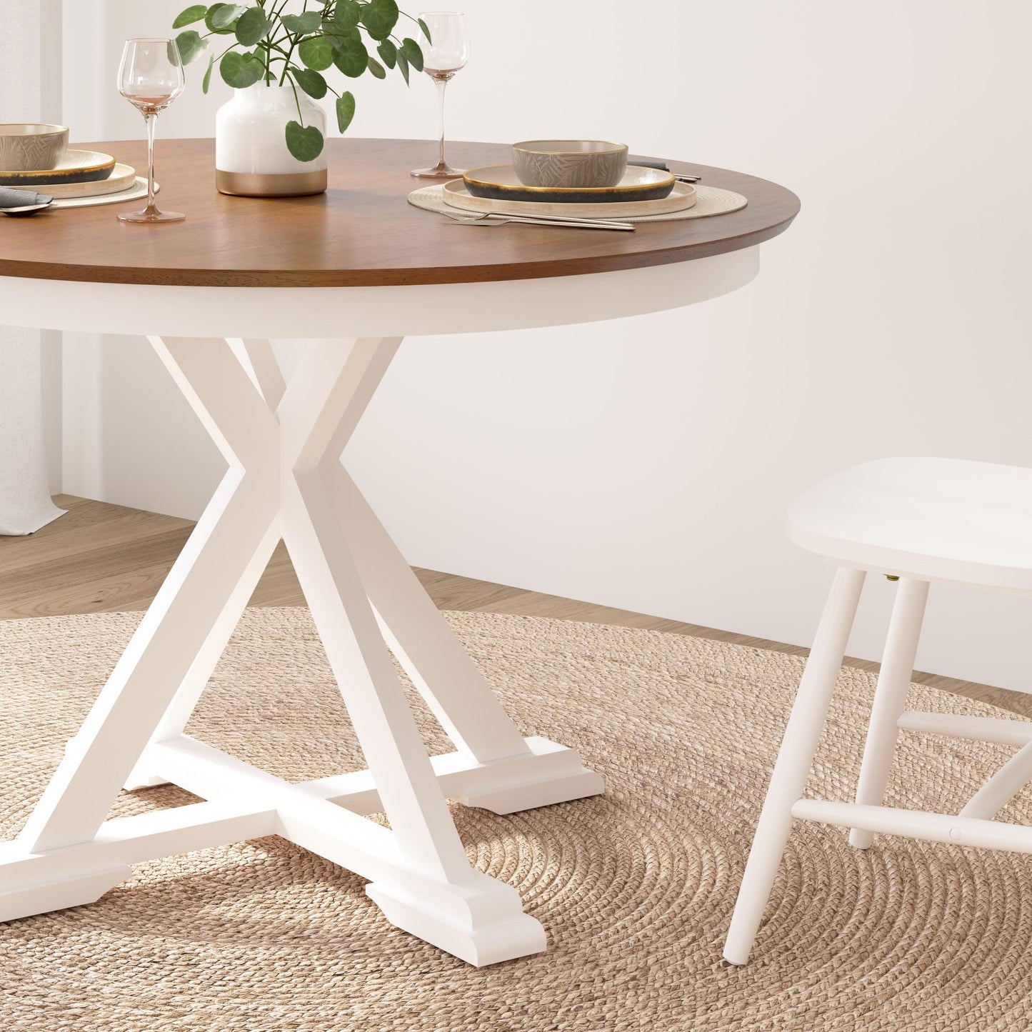 Bush Home Round Dining Table, 45 inch Trestle Design, Modern Transitional, West End Collection, Dark Brown and White