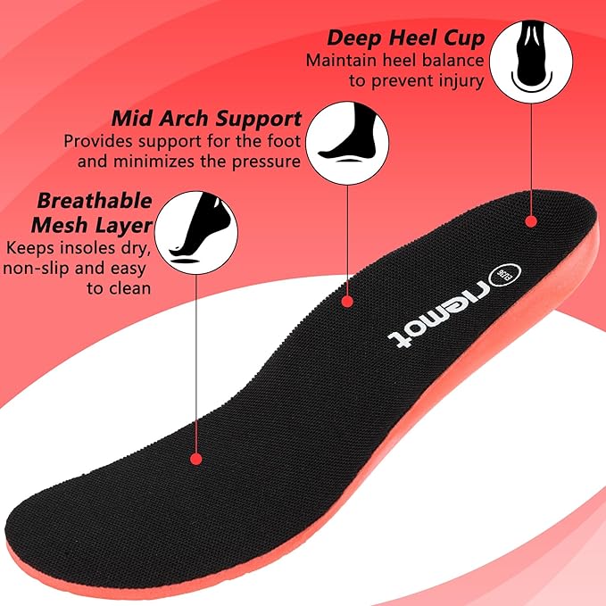 riemot 2 Pairs Fitness Running Insoles for Men Comfortable Arch Support Inserts Plantar Fasciitis Relief Insole Cushioning Athletic Gel Insert for Sneakers,Hiking Shoes Black US10.5/ EU43.5