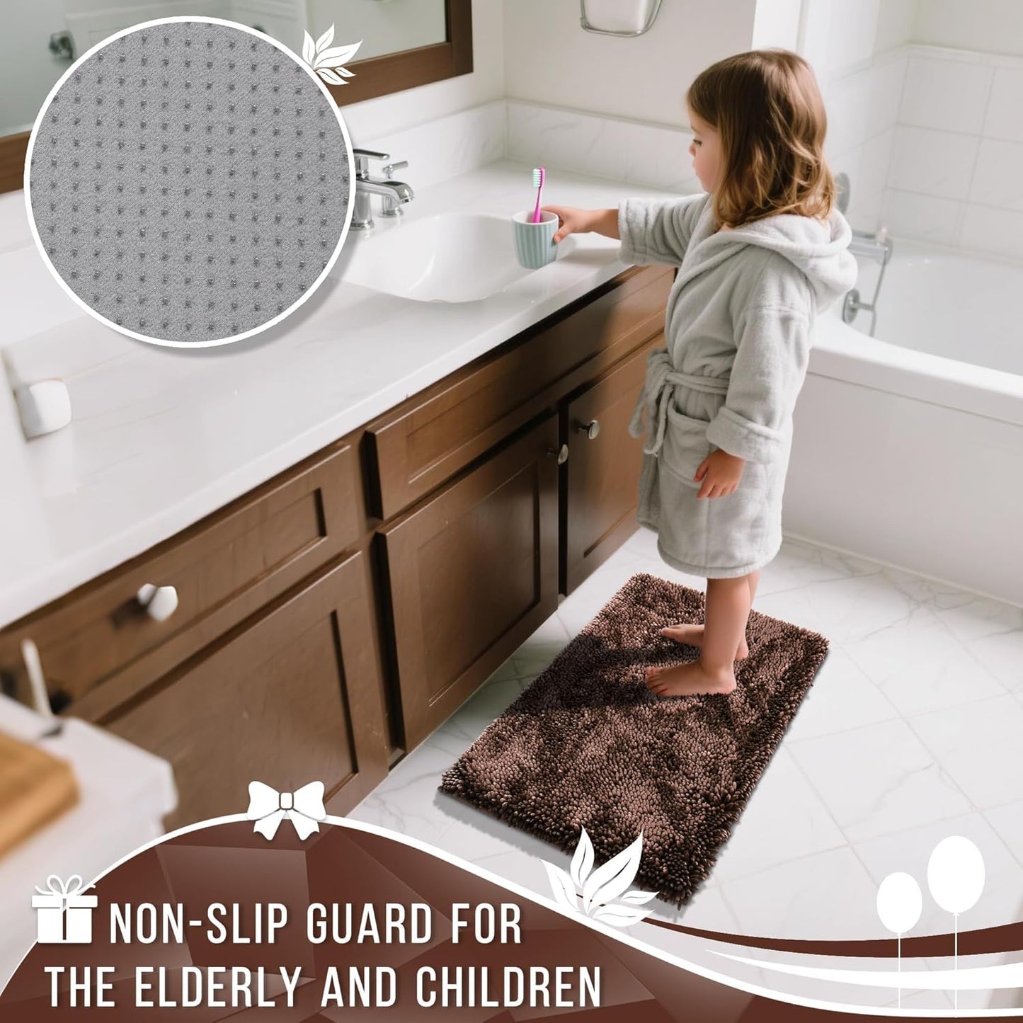 Yimobra Long Bathroom Rugs Runner 55x24 Inch, Extra Thick Soft Absorbent Chenille Bath Mat, Non Slip Machine Washable, Quick Dry Bath Rugs for Bathroom Floor, Tub and Shower, Brown