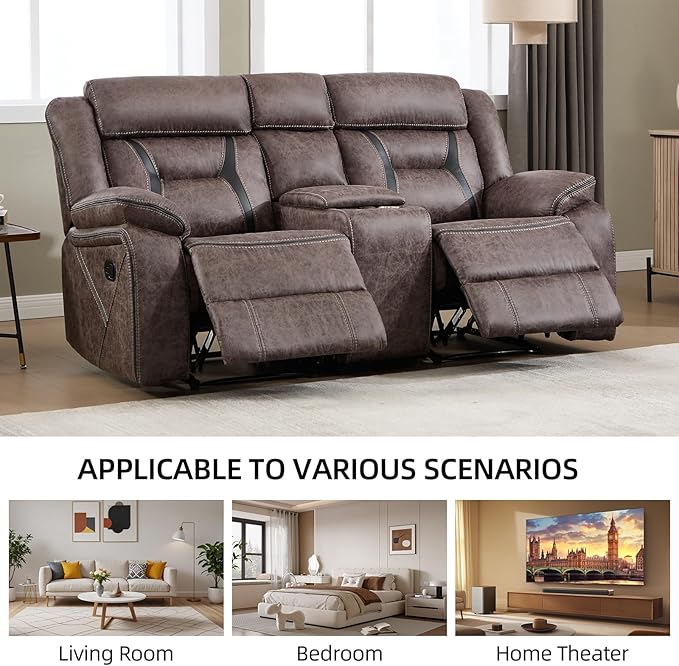 EBELLO Faux Leather Manual Loveseat Recliner, 2 Seat Reclining Sofa Chair with Center Console, Hidden Storage and Cup Holders, Daul Recliner for Living Room, Meeting Room, Grey (Loveseat)