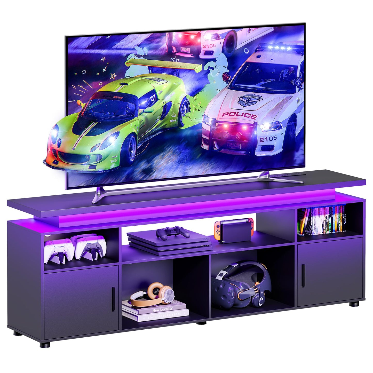 SUNCOZE TV Stand, Entertainment Center with LED Lights and Cabinet for 70/75/80 Inch TV, Modern TV Console Gaming Media Television Stands with Power Outlets for PS5 in Living Room and Bedroom, Black