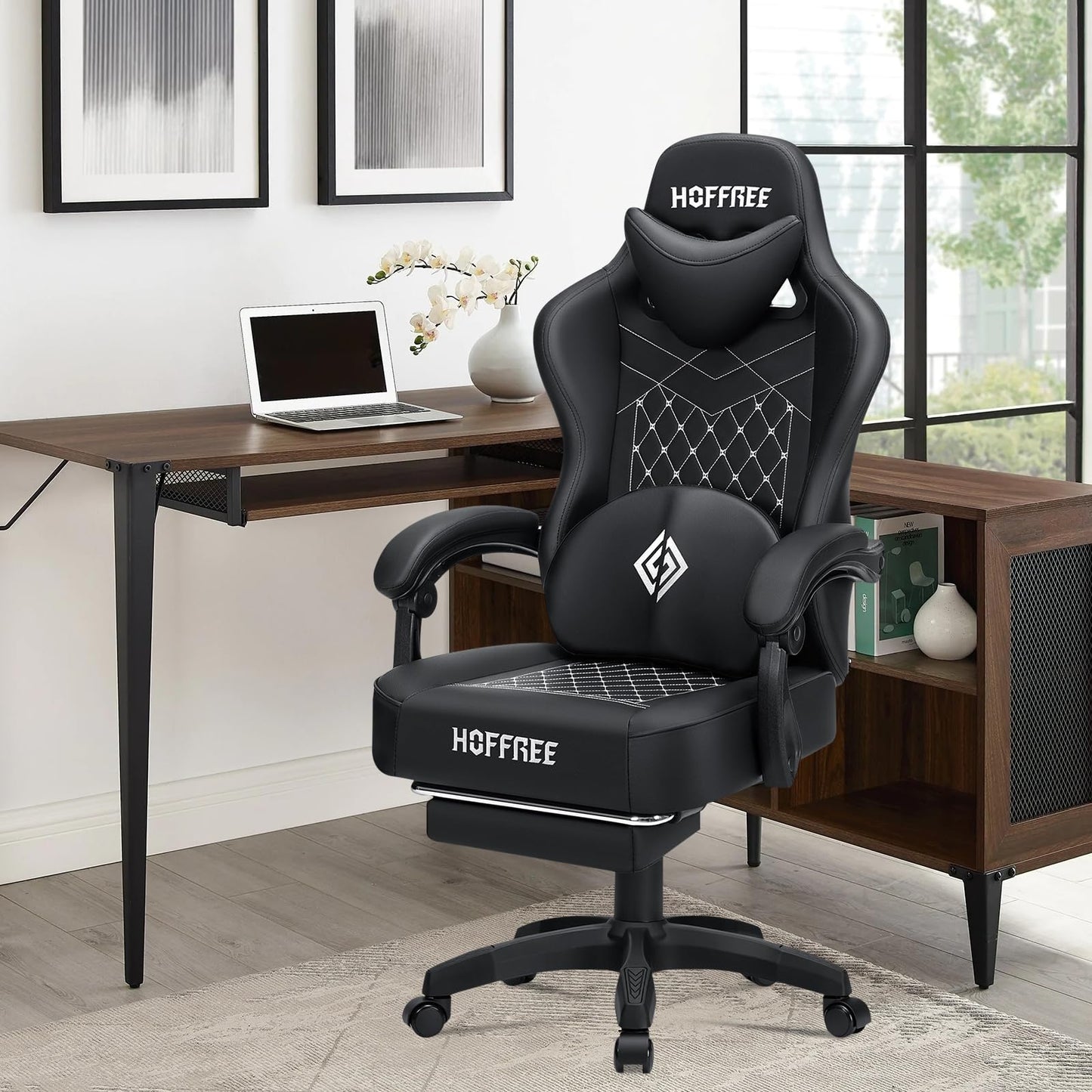 HOFFREE Gaming Chair with Speakers Massage Computer Gaming Chair with Pocket Spring Cushion for Adults Reclining Gamer Chair with Bluetooth Video Game Chairs with Footrest Black