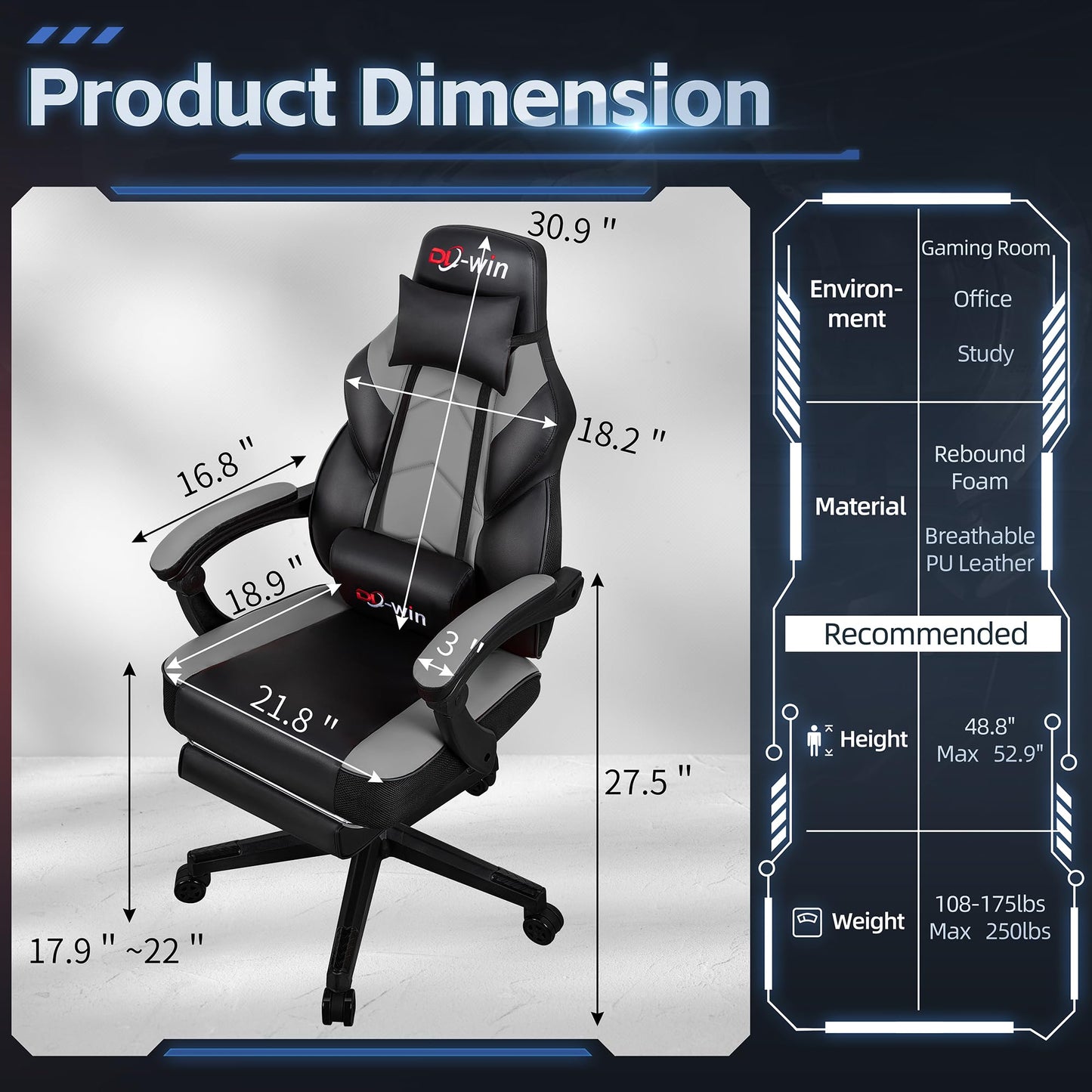 DL-win Gaming Chairs for Adults, Computer Chair with Footrest and High Back, Big and Tall Gamer Chair's with Massage Lumbar Support, 360° Swivel Height Adjustable Gaming Chair, Grey