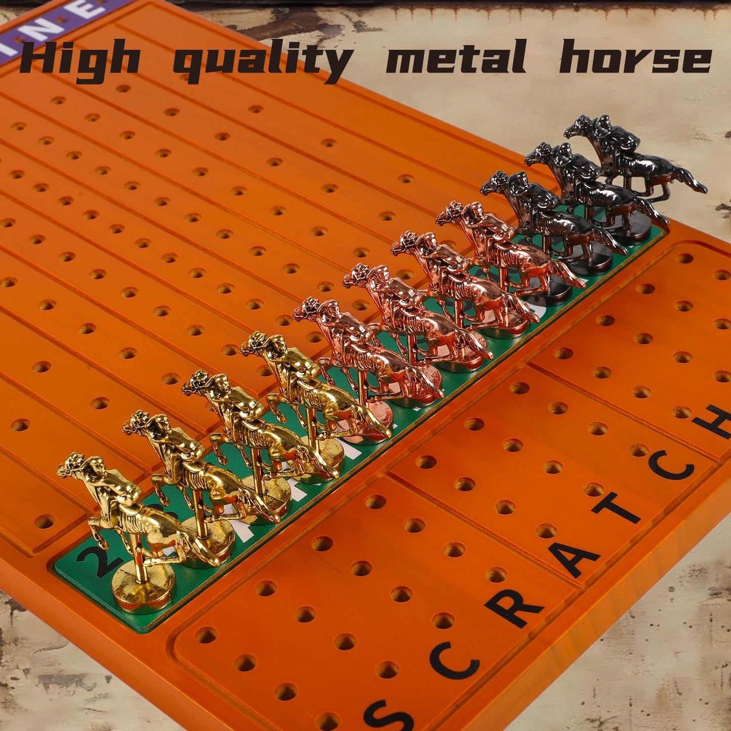 HOROW Horse Racing Board Game Solid Wood Horse Race Card and Dice Board Game Luxury Edition Set with 11 Metal Horses 2 Dices and 2 Boxes of Cards（Rectangle,Red Peach）…