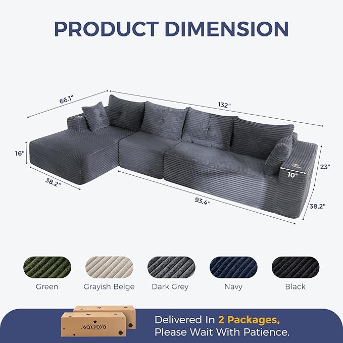 MAXYOYO 132" Oversize Modular Sectional Couch with L-Shape Chaise, Modern Boneless Couch for Living Room, Sofa in A Box, Oversized Sofa Sleeper with Deep Seat, No Assembly Required, Dark Grey