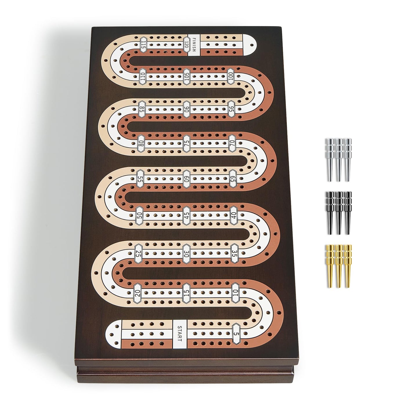ELONGDI Wooden Cribbage Board Game Set with Magnetic Lock and Large Storage - 9 Metal Pegs & 2 Deck of Playing Cards,Continuous 3 Track Board Travel Portable Cribbage Game for Family
