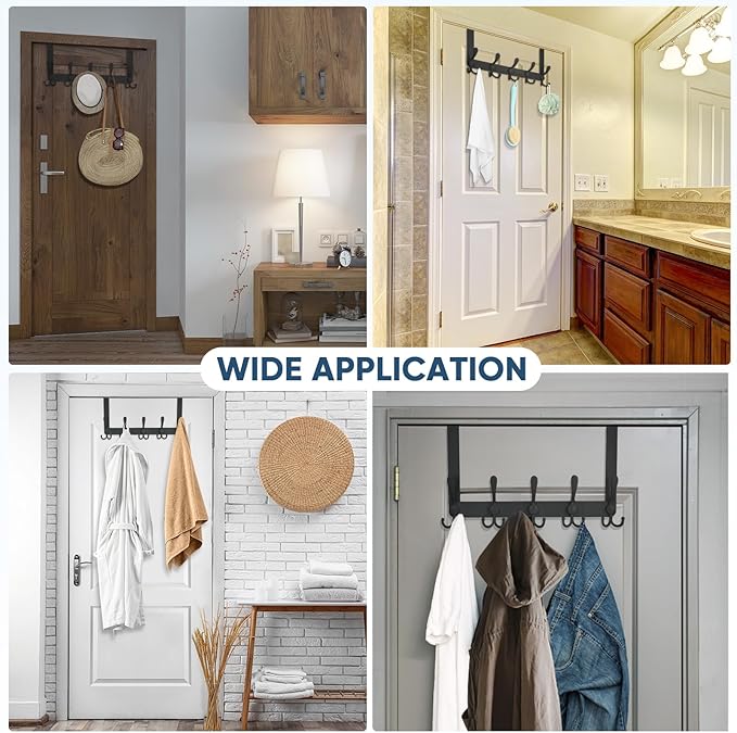 TICONN Over The Door Hooks, 5 Heavy Duty Tri Coat Rack All Metal Coat Hanger for Bathroom Bedroom Dorm (Matte Black, 2PK, Fit 1-3/4" Doors)