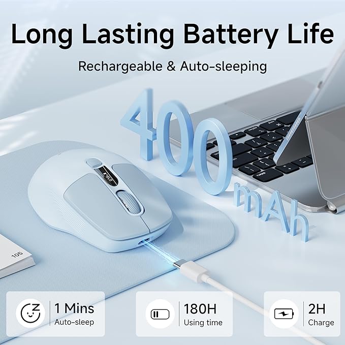 EWEADN Q1 Wireless Mouse, BT & 2.4G Silent Mouse Quiet Click with 1600 DPI Levels, Battery & DPI LED Screen Display, 6 Button Small Portable Bluetooth Mouse for Laptop/PC/Mac-Blue