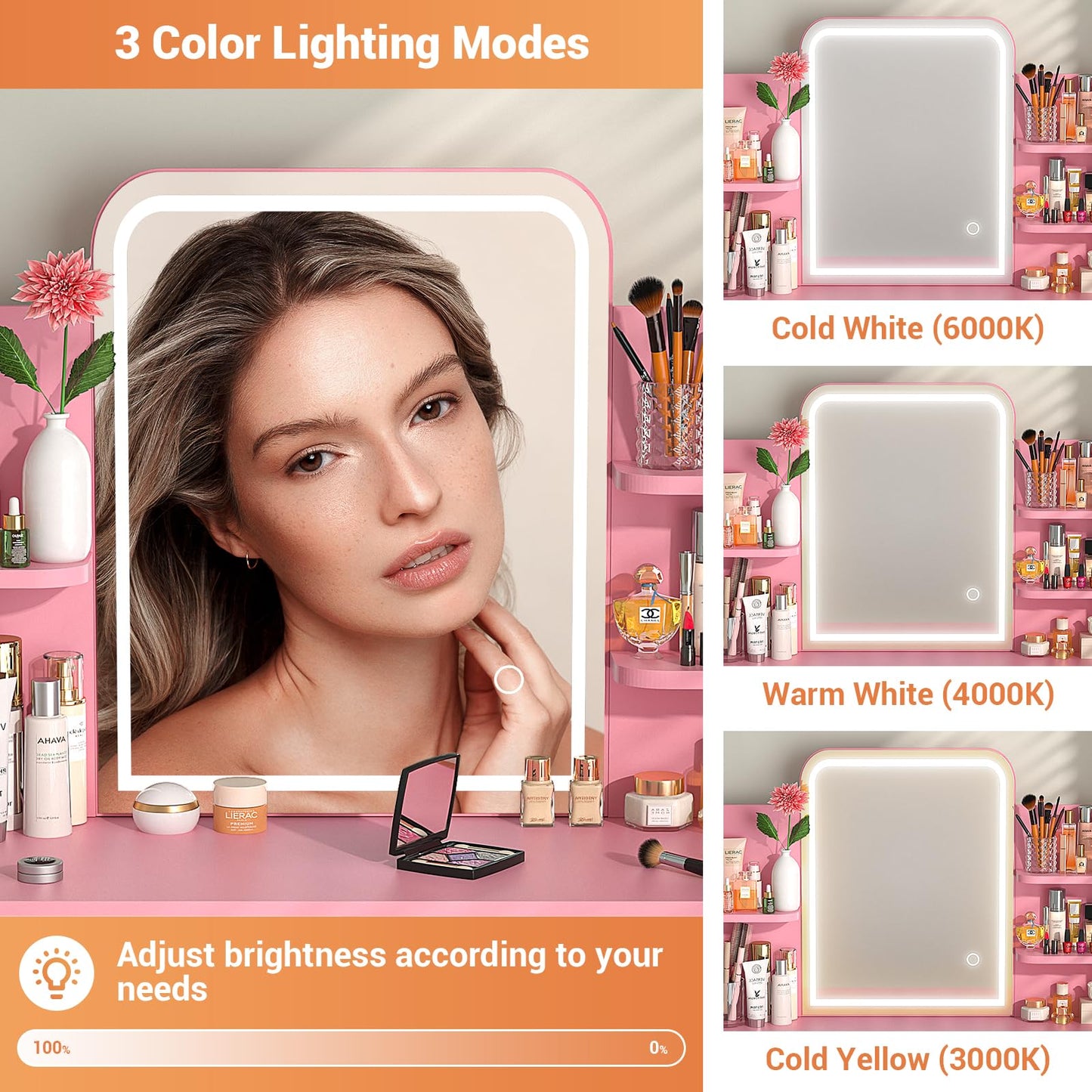 Vanity Desk, Makeup Vanity Desk with Mirrors, Vanity Set with 2 Storage Drawers and Open Shelves, 3 Colors LED Brightness Adjustable Dressing Table, Makeup Desk for Girl and Women, Pink