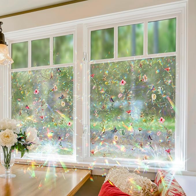 Rainbow Window Privacy Film Stained Glass Handmade Design for Bathroom, Watercolor Flower and Butterfly, 39.37" x 16.92"