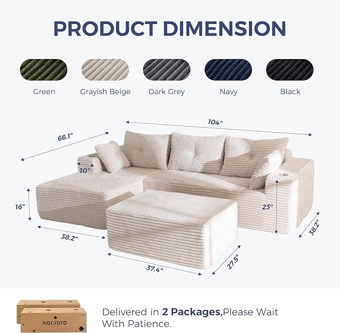 MAXYOYO 104" U-Shaped Modular Sectional Couch, Modern Boneless Couch for Living Room, Sofa in A Box, Oversized Sofa Sleeper with Deep Seat, No Assembly Required, Grayish Beige