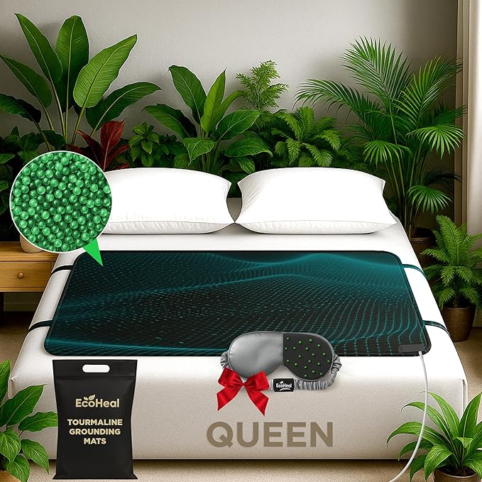 EcoHeal Luxury Tourmaline Grounding Mat Queen 59” x 27” for Bed & Desk – Conductive PU Leather Surface, SGS Certified, Includes Silver Sleep Mask & 15ft Cord
