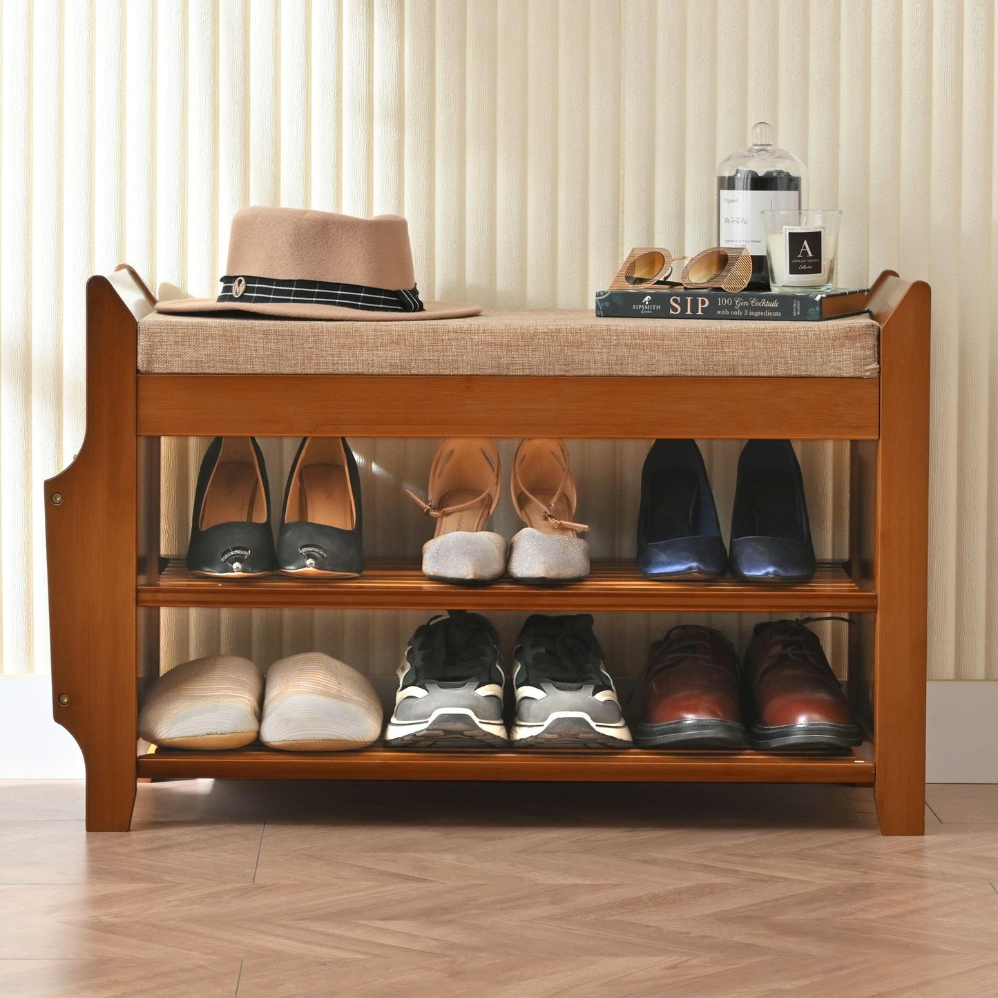 PETKABOO 2 Tier Shoe Bench, Bamboo Shoe Rack Bench, Shoe Storage Bench Organizer for Entryway Hallway Living Room