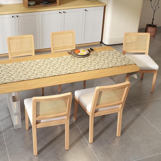 LukeAlon Modern Dining Chairs Set of 4 Farmhouse Kitchen Chairs with Woven Cane Back, Soft Chenille Upholstered Seat, Solid Wood Legs for Dining Room, Breakfast Nook, Comfortable & Stylish, White