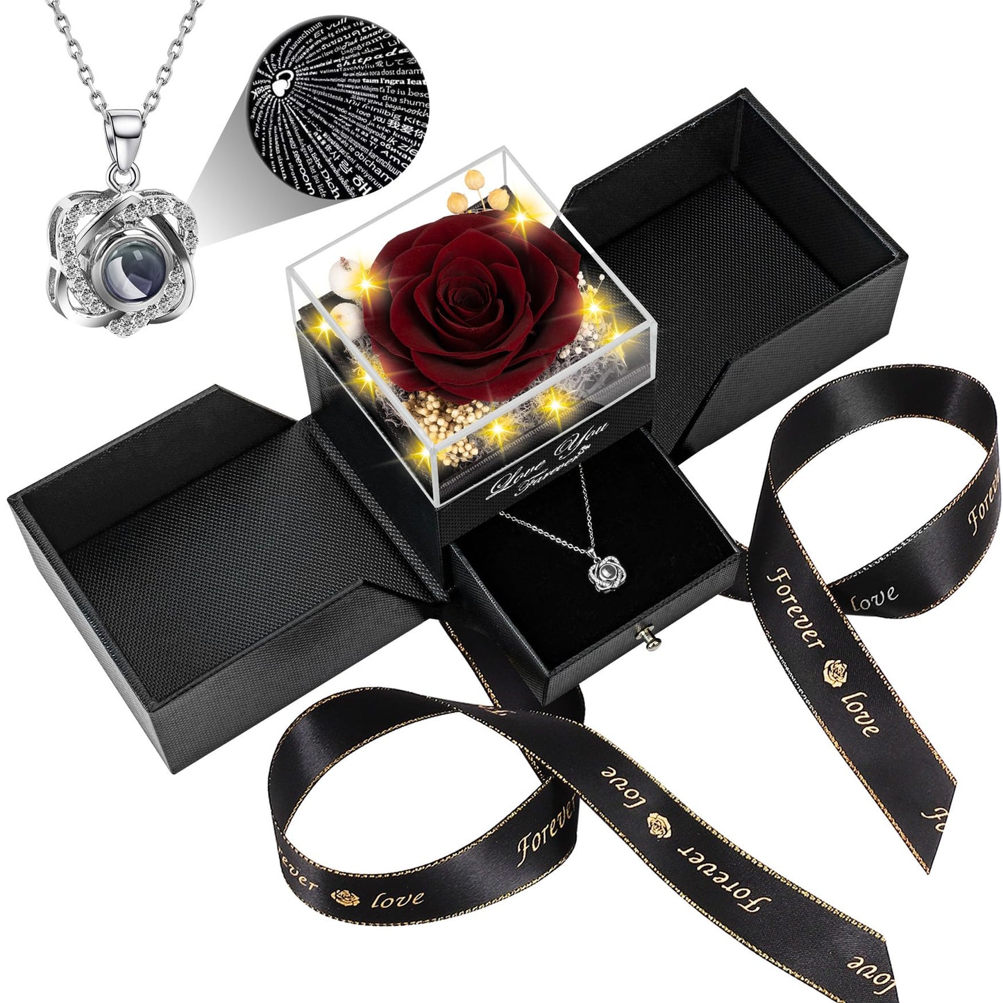 Preserved Wine Red Real Rose with Heart I Love You Necklace -Eternal Flowers Rose Birthday Gifts for Women Her Mom Wife Girlfriend Grandma on Valentines Mothers Day Christmas Anniversary Romantic