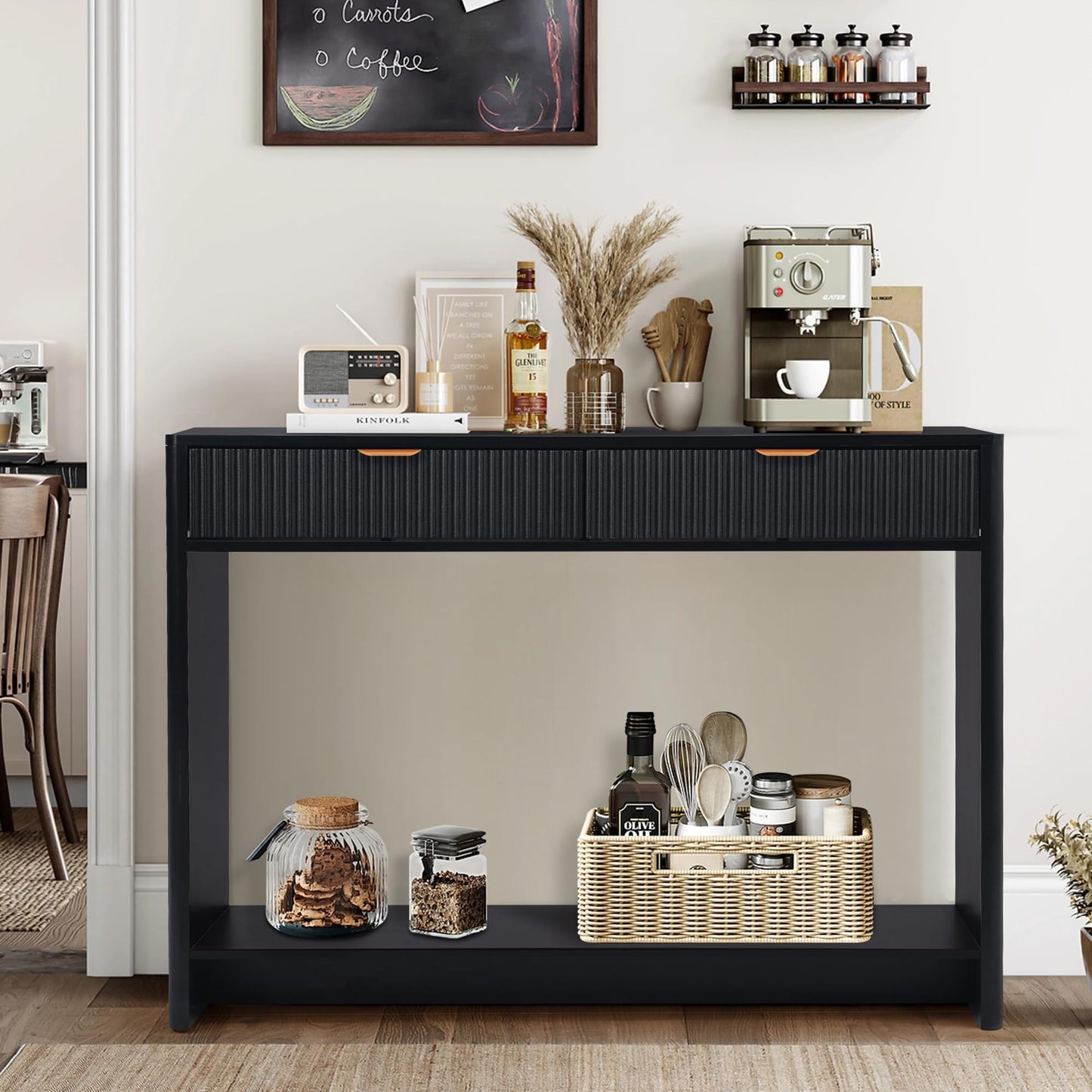 affeivul Entryway Table with Storage, Narrow Console Table with 2 Drawers, 43.3' Couch Table Behind Sofa Skinny for Living Room TV/Hallway Entrance Foyer, Mid Century Modern Black Fluted Console Table