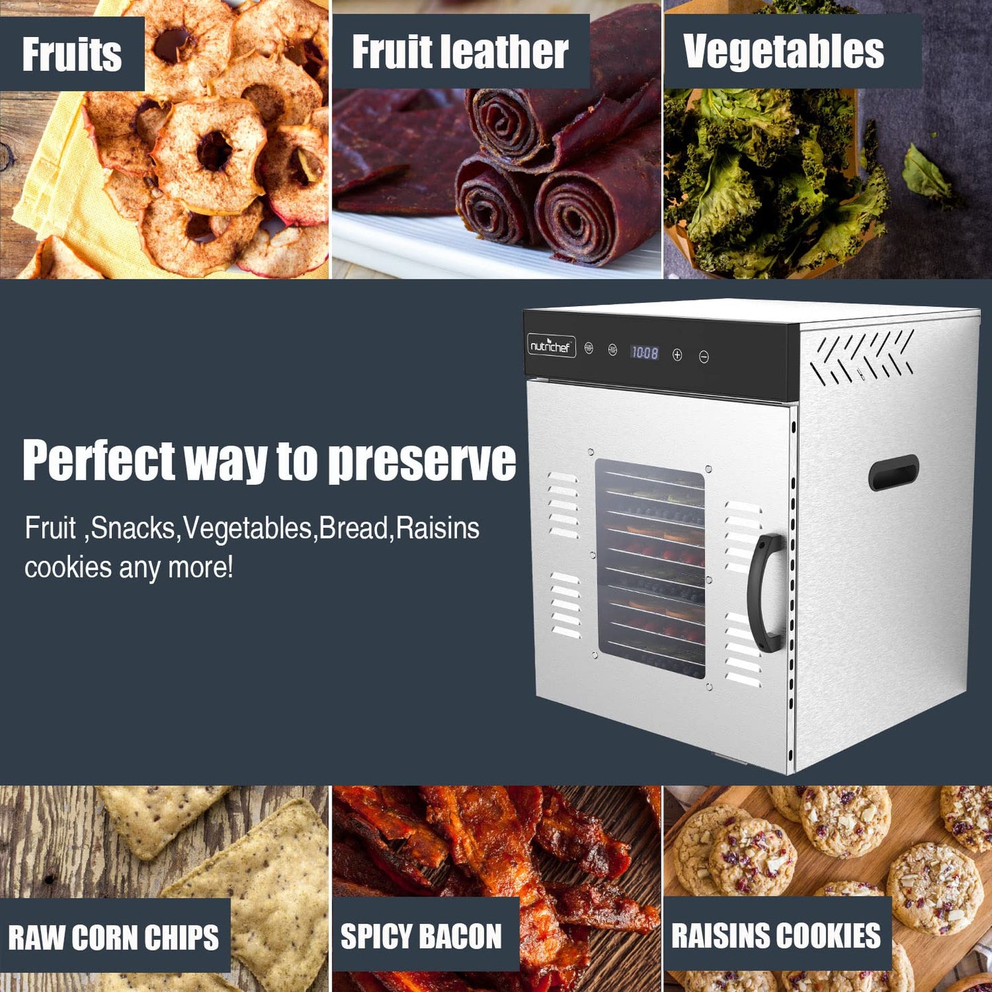 Nutrichef Commercial Electric Food Dehydrator Machine - 14 Shelf Extra Large Capacity - Stainless Steel Trays - 1000-Watts, Digi