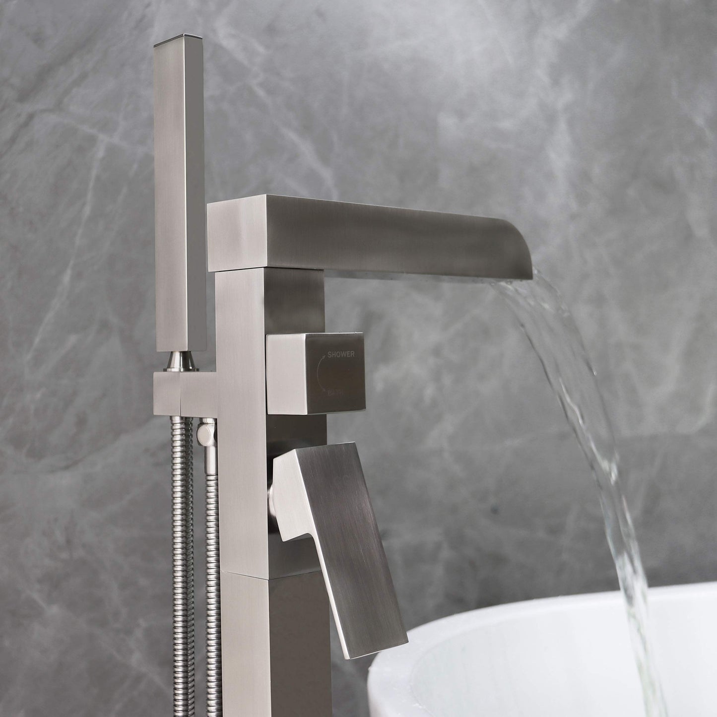 High Flow Freestanding Bathtub Faucet Waterfall Tub Filler Brushed Nickel LLGG 11.9GAL Floor Mount Bathroom Faucets Fillers with Handheld Shower Sprayer RIGOBAL