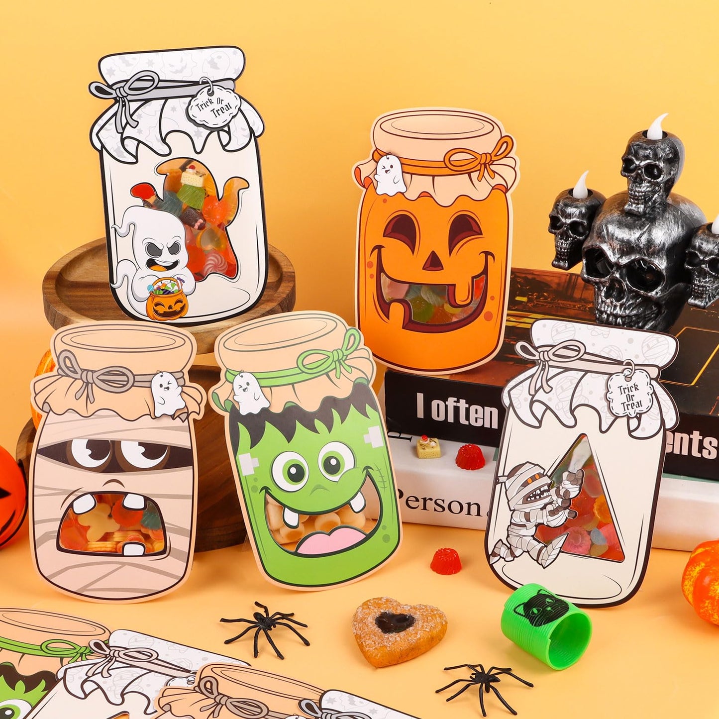 CCINEE Halloween Mason Jar Candy Bags with Cards, 50 Pack Greeting Candy Cards with Clear Treat Bags for Halloween Party Favors DIY Crafts Trick or Treat Classroom Events Exchange Gift Supplies