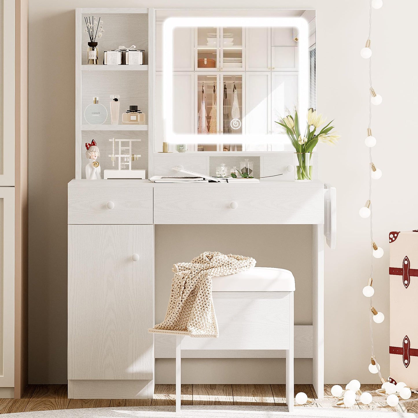 LIKIMIO Vanity Desk with Drawers & LED Lighted Mirror & Power Outlet & Cabinet, Storage Stool, Stylish Bedroom Makeup Table Set, White