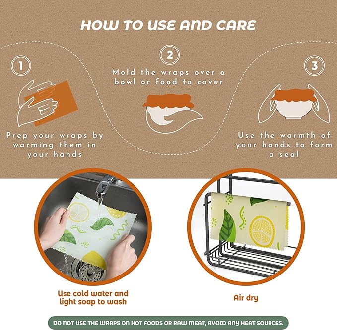 Akeeko Reusable Beeswax Food Wraps - Assorted 9 Packs, Reusable, Plastic-Free Food Storage, 4 Small, 3 Medium, 2 Large Wraps with Assorted Fruits Pattern