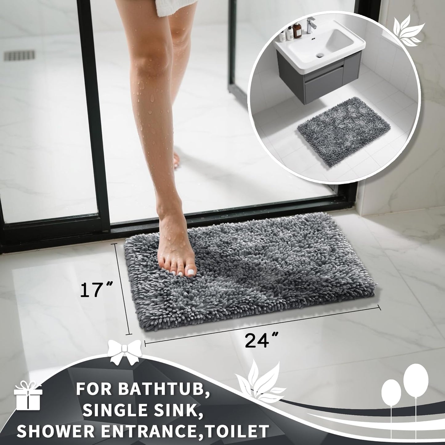 Yimobra Chenille Bathroom Rugs Non Slip, Extra Thick Soft Absorbent Bath Rug, Machine Washable Quick Dry Bath Mat for Bathroom Floor, Tub and Shower, Home Decor Accessories, 24x17, Silver
