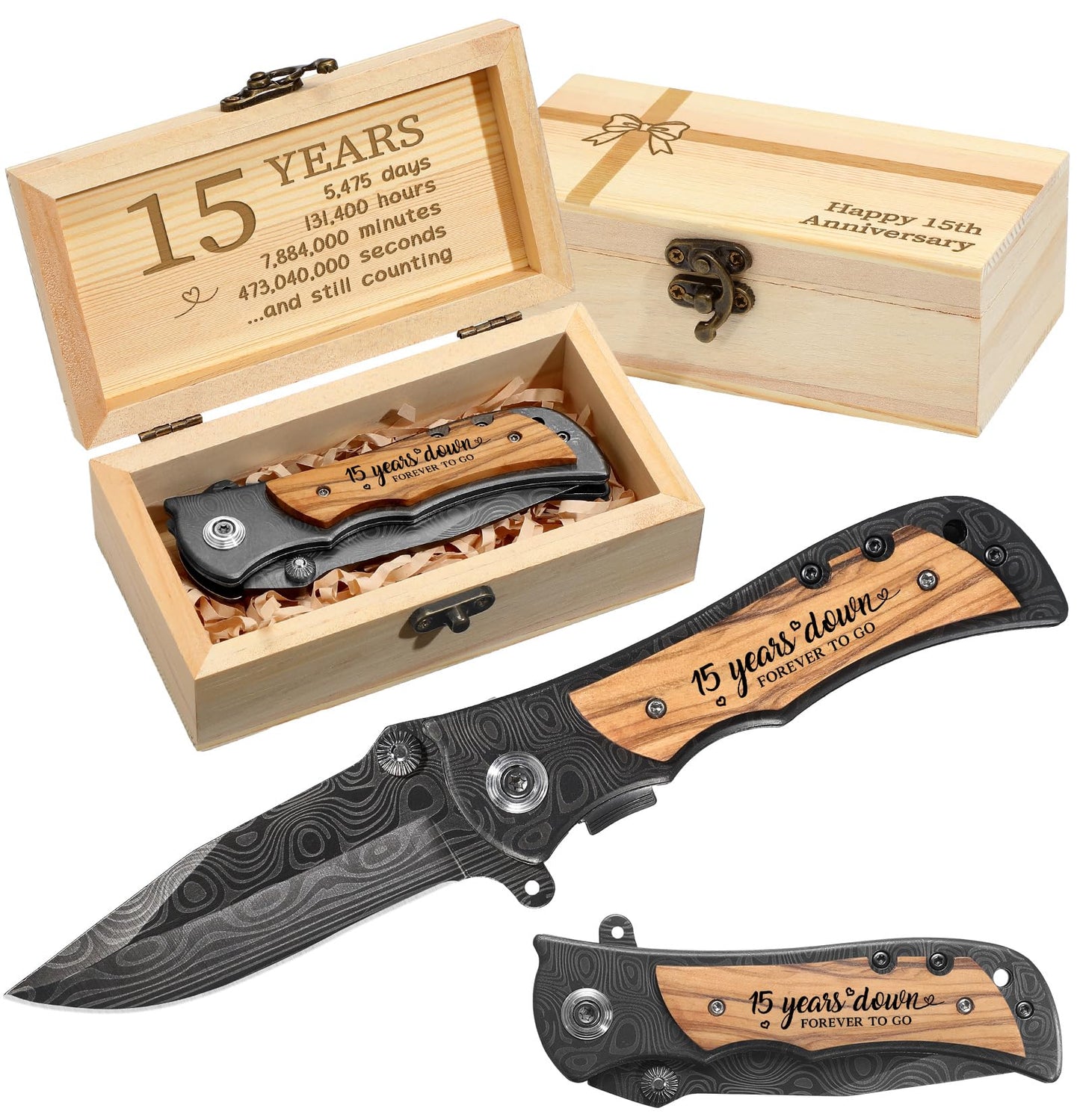 Lanties 15 Years Anniversary Keepsake Gifts for Him Engraved Pocket Knife with Gift Box Happy Tin Anniversary Customized Wedding Birthday Father's Day Gifts for Men Husband