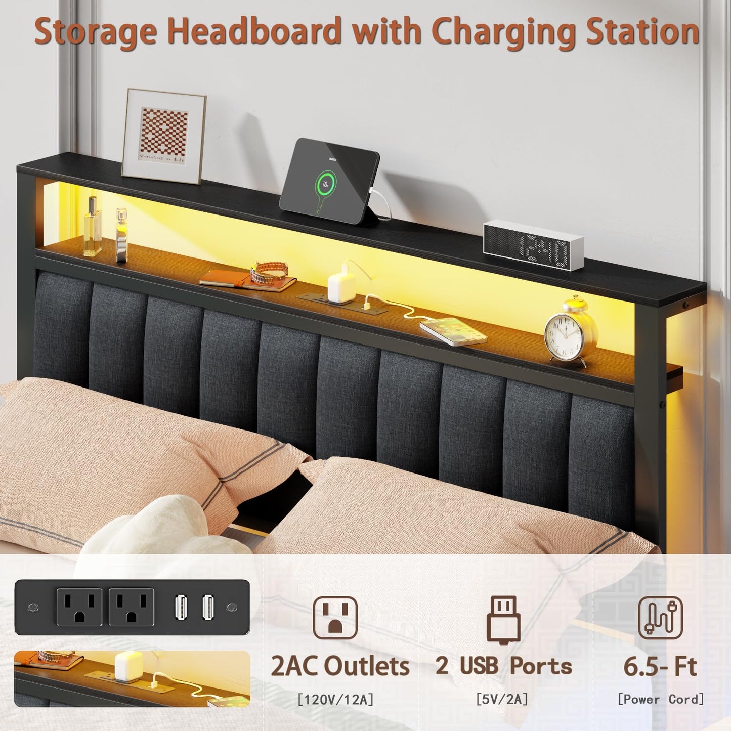 Furnulem Queen Size Bed Frame with Charging Station and LED Lights, Platform Bed with Metal Slats, Grey Upholstered Headboard with 2-Tier Storage Shelves, No Box Spring Needed