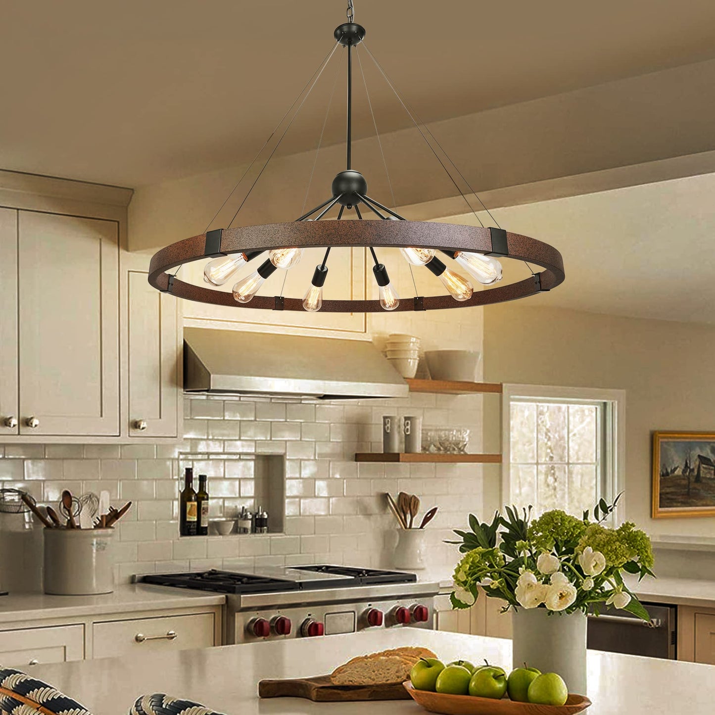 Klgxnrd 38.2'' Large Farmhouse Wagon Wheel Chandelier for Living Room, 8-Light Rustic Round Metal Light Fixtures for Dining Room Entryway Kitchen Island, Vintage Rust and Black Finishes
