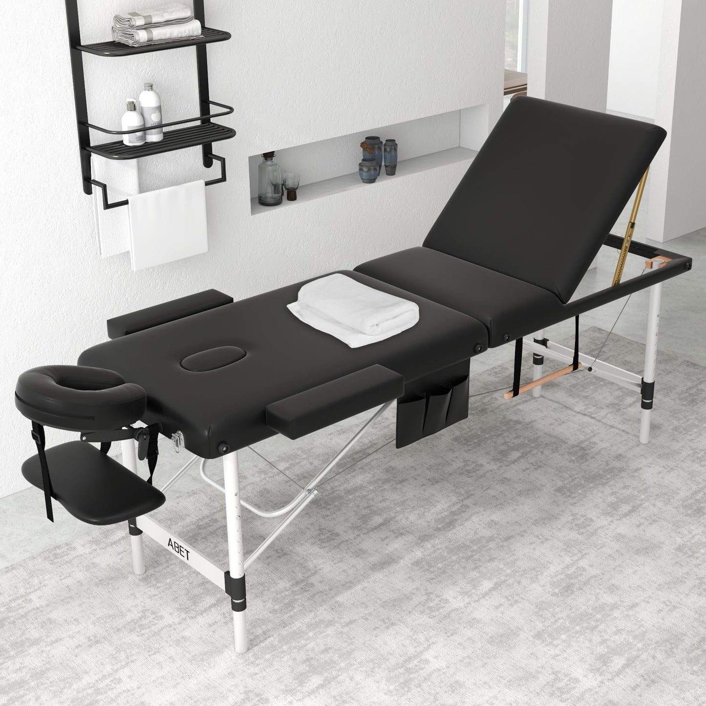 ABET Massage Table, 3 Fold Portable Professional Lash Tattoo Spa Bed, Height Adjustable 23.5" Wide Compact Facial Table with Detachable Oil Pocket Towel Rod Face Cradle Armrest, Aluminum Feet & Black