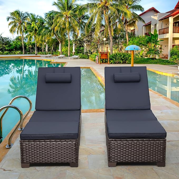 Rattan Star Outdoor Chaise Lounge Set of 2 Brown Wicker Patio Chaise Lounge Chairs Pool Lounge Chairs Multi-Angle Adjustable Backrest with Blue Cushions and Headrest