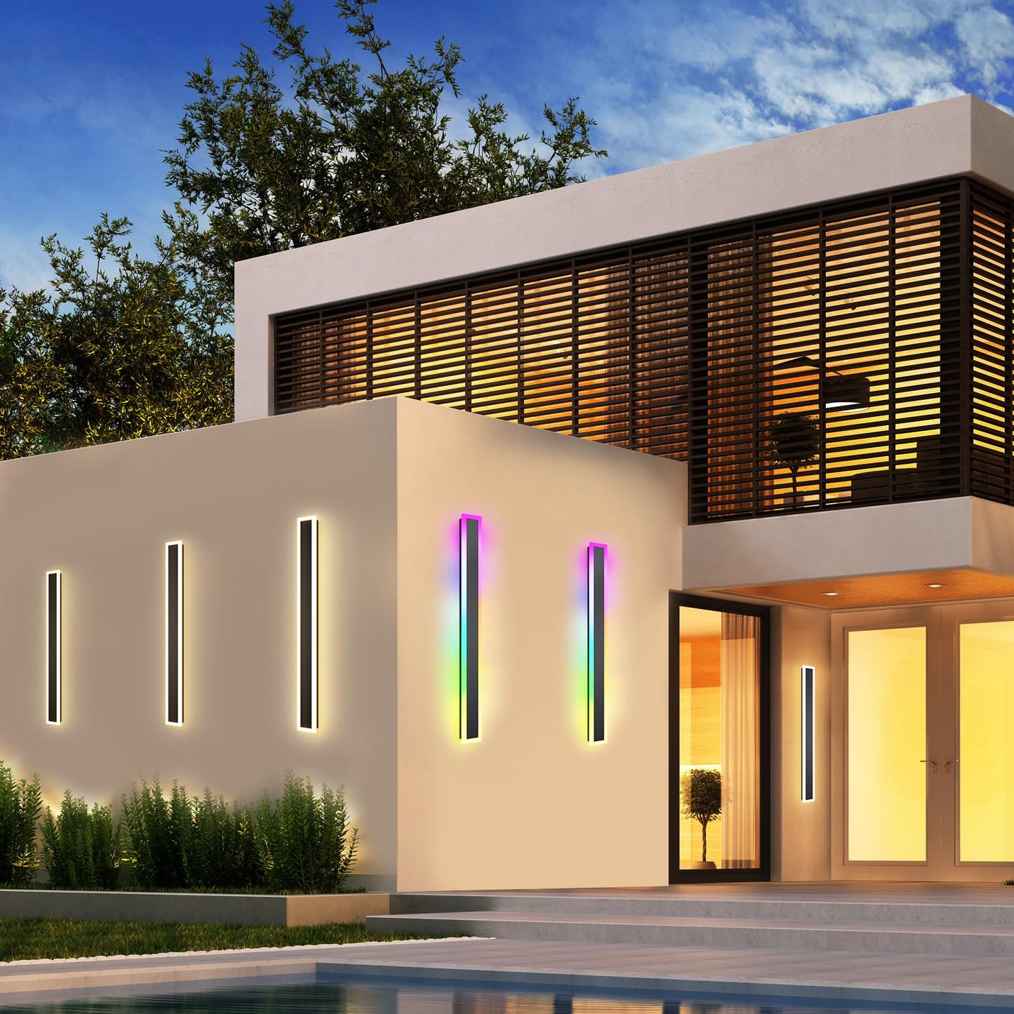 LannlKer Outdoor RGB Long Wall Lights, 31.5inch 2 Pack RGB/Warm/White Dimmable Modern Led Wall Lighting, Ip65 Waterproof Long Wall Sconce with Remote and APP Control for Outdoor/Indoor Party Gathering