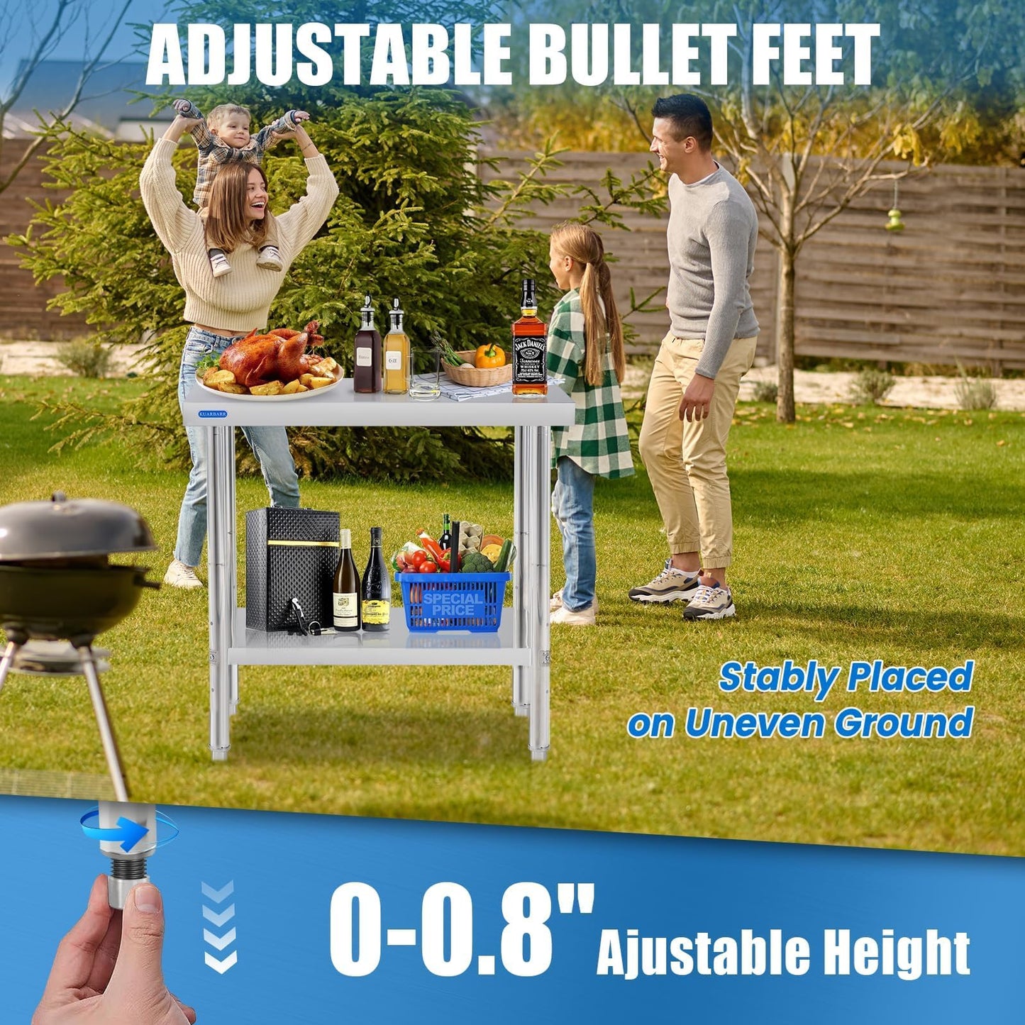 KUARBARR Stainless Steel Table for Prep & Work with Undershelf 24 x 30 Inches NSF Metal Commercial Kitchen Prep Table with Adjustable Under Shelf Worktable for Restaurant Home Outdoor