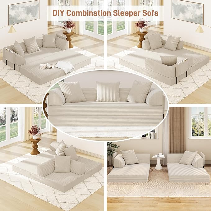Folding Convertible Sofa Bed with 3 Pillows, 79 " Corduroy Boneless Couch with Armrest Pockets, Lounge Loveseat Sleeper with Pull Out Bed, Memory Foam Compressed Sofa for Living Room Bedroom, Beige