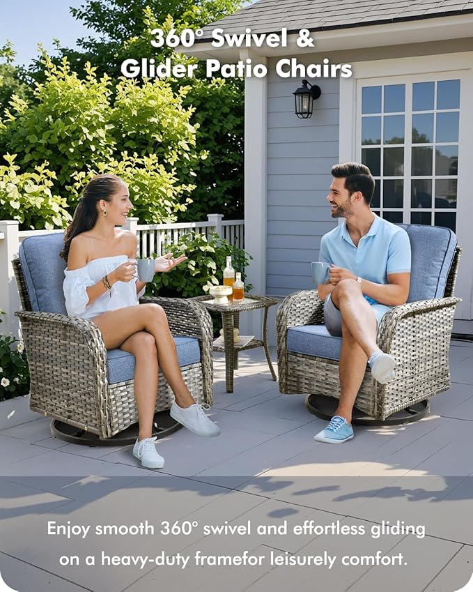 8-Piece Wicker Patio Furniture Set, All-Weather Rattan Conversation Bistro Loveseat Chair and Patio Rockers Set for Backyard, Balcony and Deck with Soft Cushions and Metal Table(Blue)