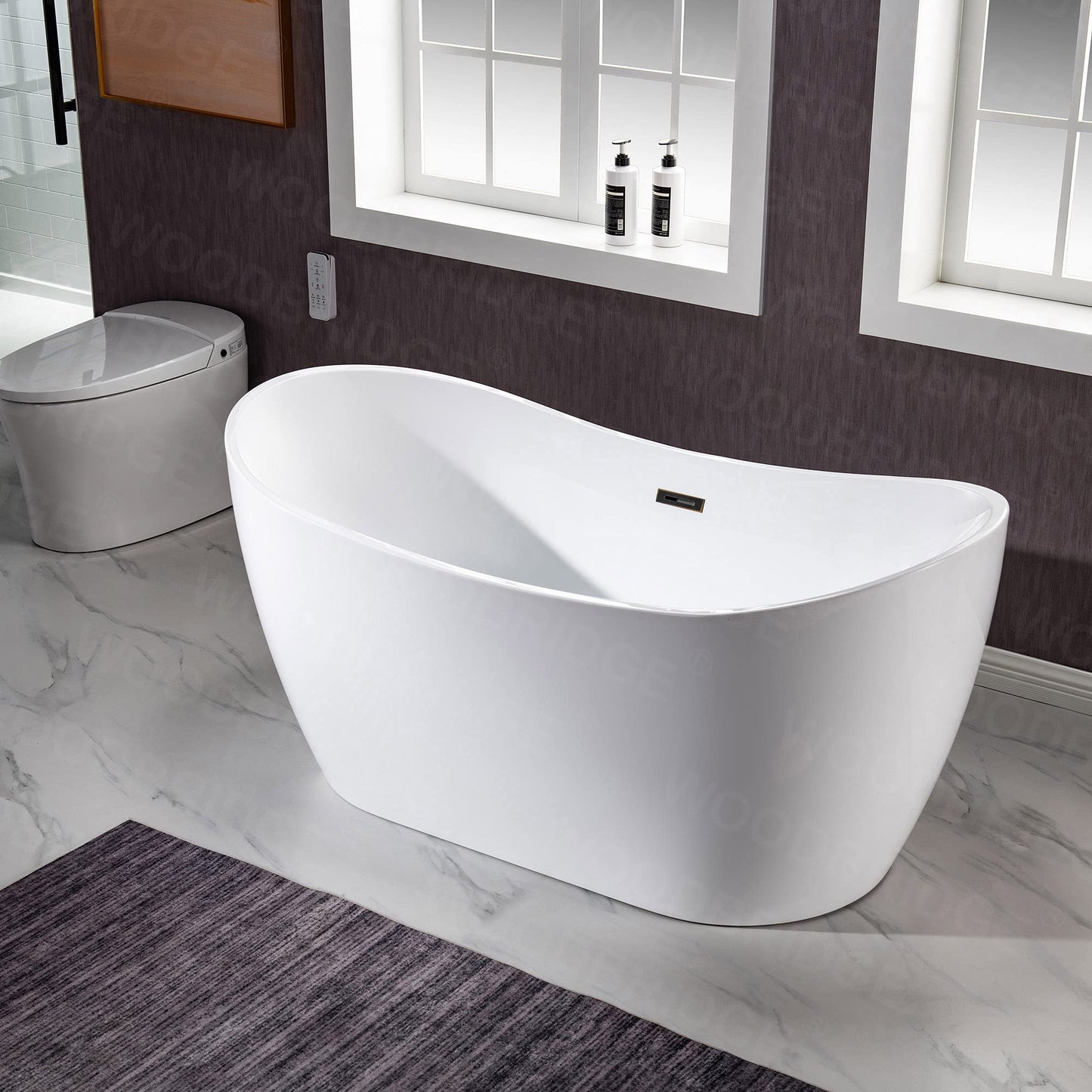 WOODBRIDGE 59" Acrylic Freestanding Bathtub Contemporary Soaking White Tub with Oil Rubbed Bronze Overflow and Drain，B0016 -ORB-Drain &O