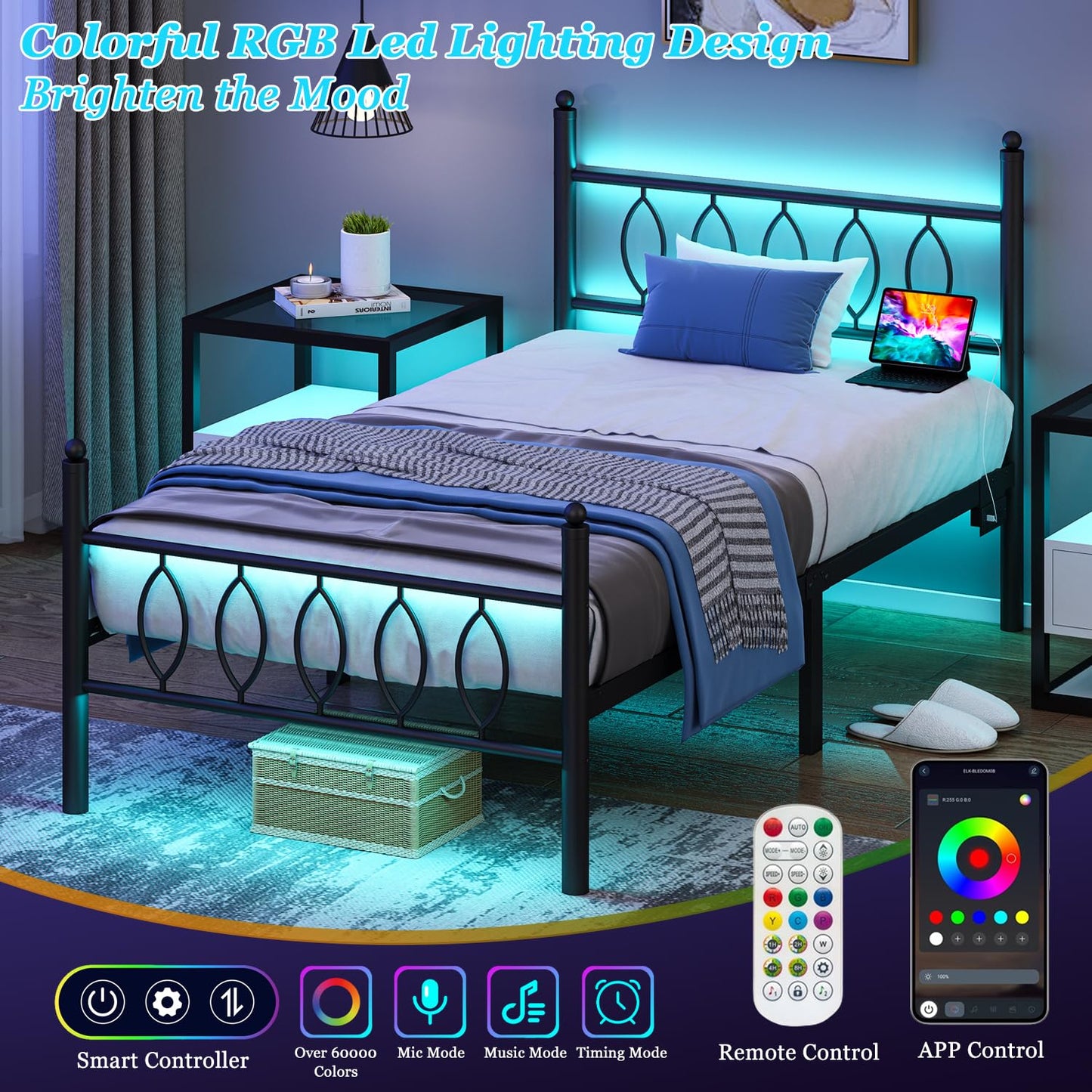 Samurbex Twin Size Bed Frame with Headboard,Black Metal Platform Bed Frame Twin Size with Charging Station & LED Lights,12-Inch Under Bed Storage,No Box Spring Needed,Noise Free,Easy to Assemble