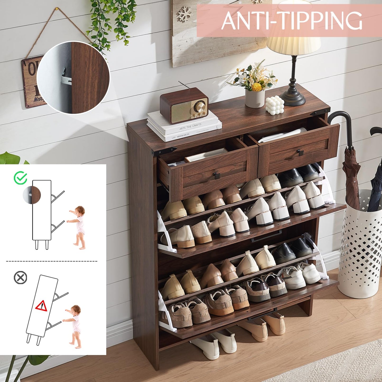 Barnyatoh Shoe Storage Cabinet, Farmhouse Shoe Organizer with 2 Hidden Flip Drawers & 2 Drawers, Narrow Freestanding Shoe Rack Cabinet with Adjustable Shelves for Entryway Hallway,Rustic Brown