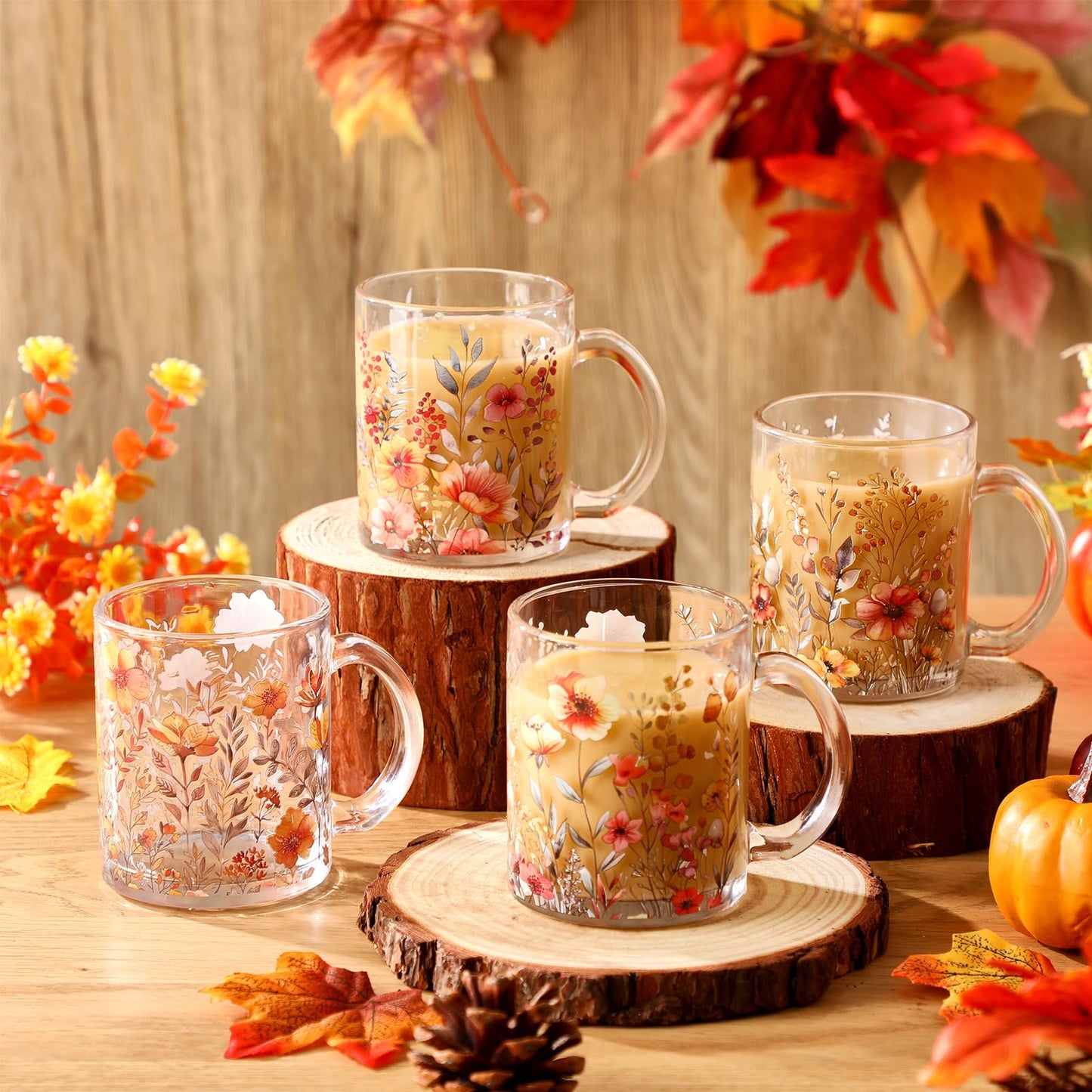 Tioncy 4 Pcs Fall Floral Coffee Mugs 12 oz Flower Glass Cups with Handle Thanksgiving Floral Coffee Cup Autumn Mug Sweet Fall Gifts Drinking Containers for Harvest Holiday Party (Wildflower)