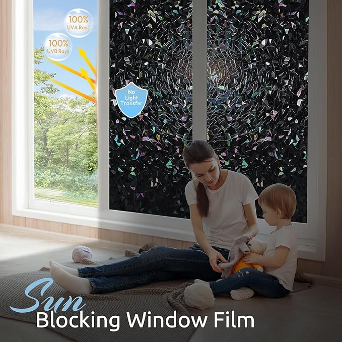 rabbitgoo Window Privacy Film Rainbow Film Decorative Window Sticker, 3D Static Stained Glass Cling Tint for Room Darkening Day Sleep, Black, 11.8 x 78.7 inches